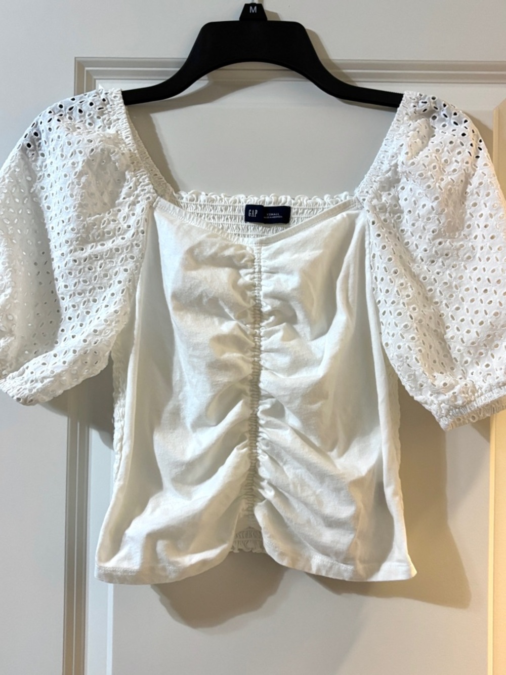 GAP Eyelet Puff Sleeve, Ruched Cropped Blouse